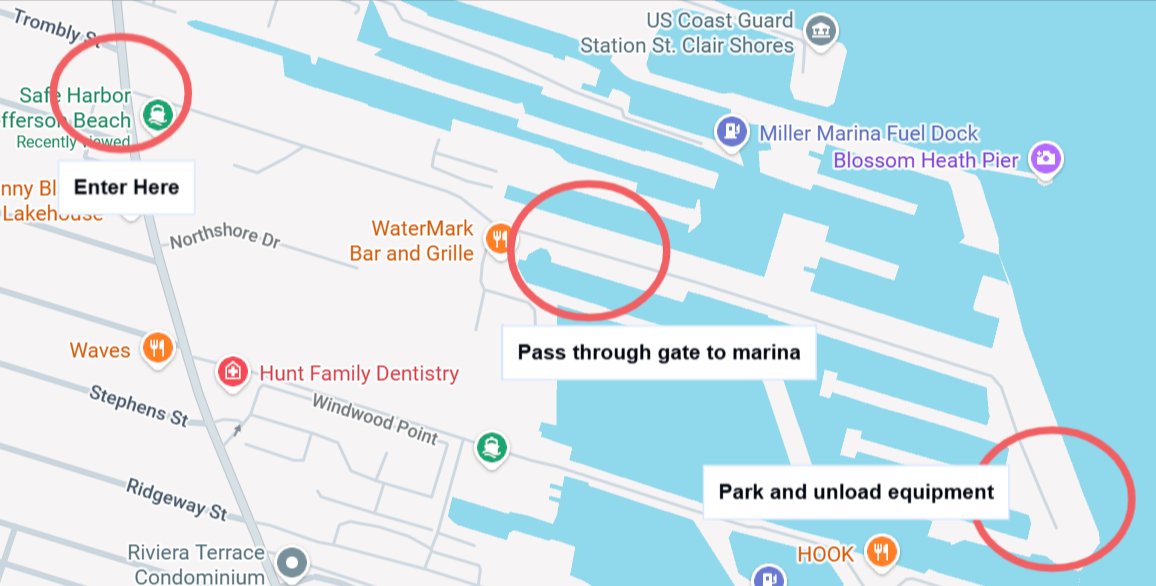 Marina overview map showing entrance, gate location, and equipment unloading zone