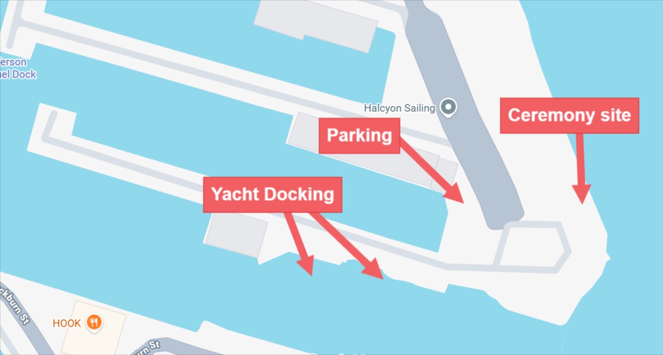 Close-up map showing parking area, yacht docking locations, and ceremony site
